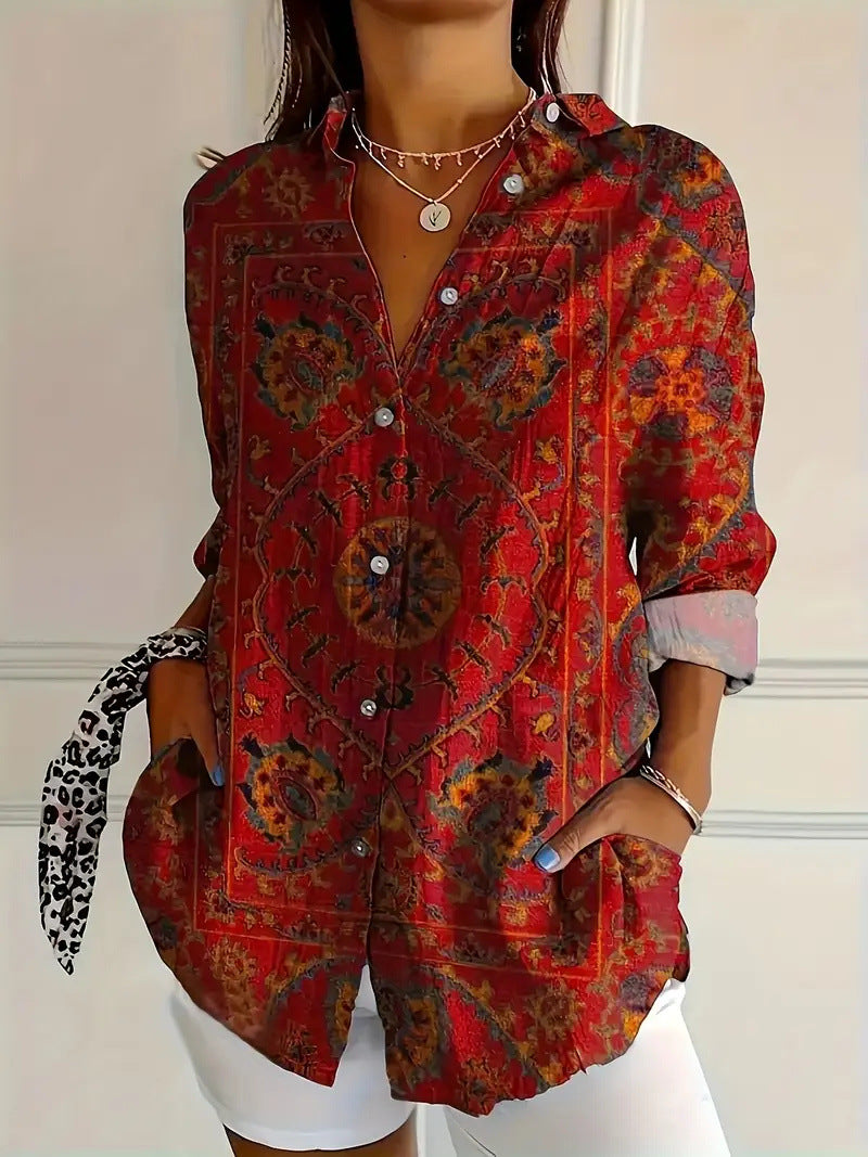 Women's Color Matching Casual Loose Button Digital Printing Shirt