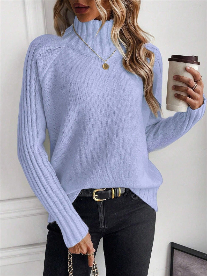 Women's Solid Color All-Matching Turtleneck Pullover Raglan Long Sleeve Sweater