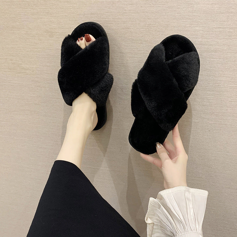 Indoor Fluffy Cross-Band Slippers - Open-Toe Design with Soft Rabbit Fur