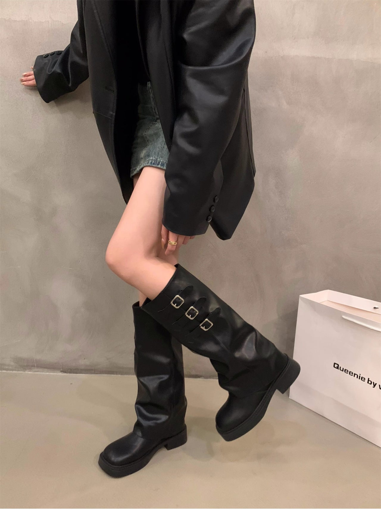 Women's Retro Long Biker Boots with Thick Sole and Pantyhose Design