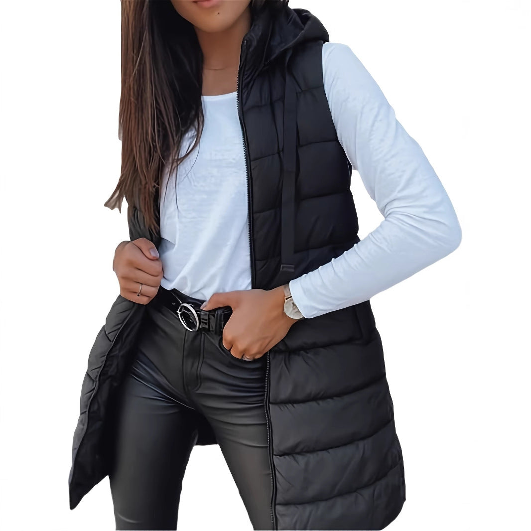 Solid Color Hooded Quilted Zipper Cotton Vest Coat