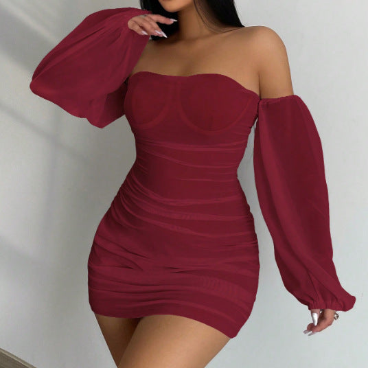 Off-Neck Long Sleeve Pullover Dress with Fitted Hip Design