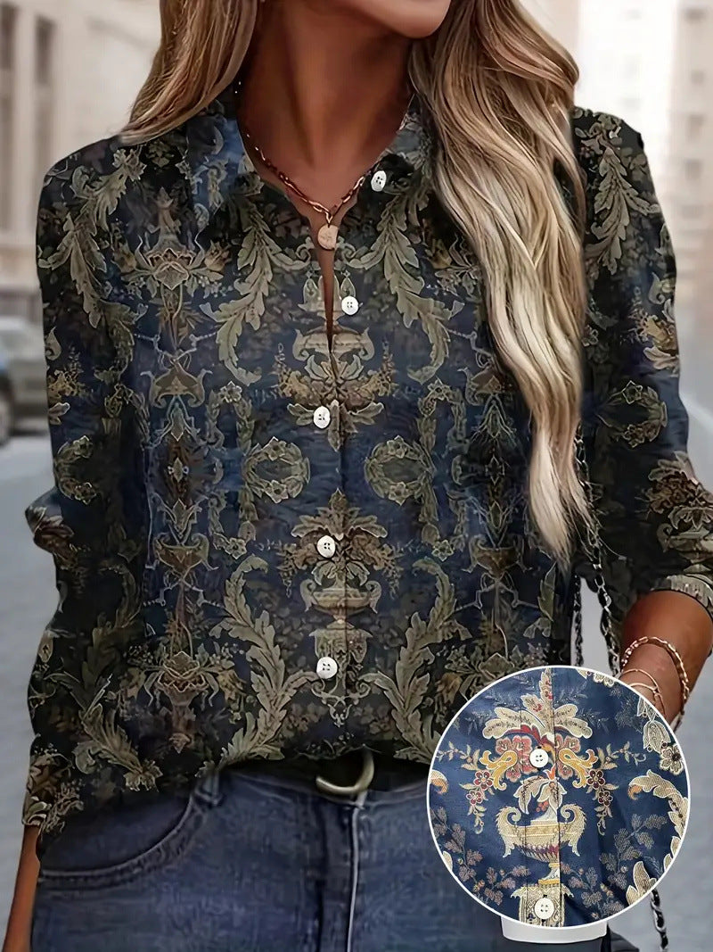 Women's Color Matching Casual Loose Button Digital Printing Shirt