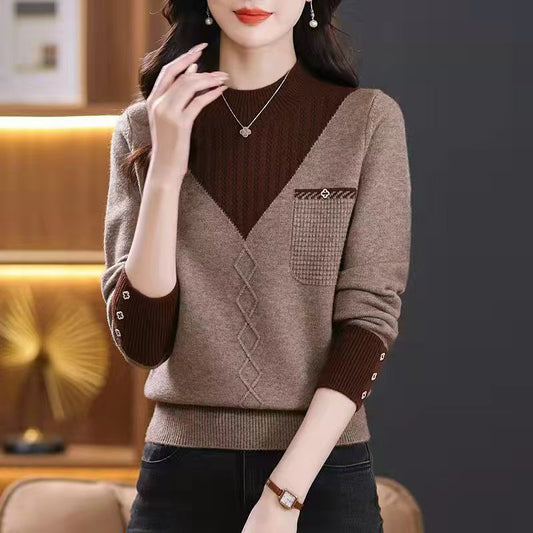 New Women's Thick Sweater with Fake Two-Piece Design and Half Turtleneck