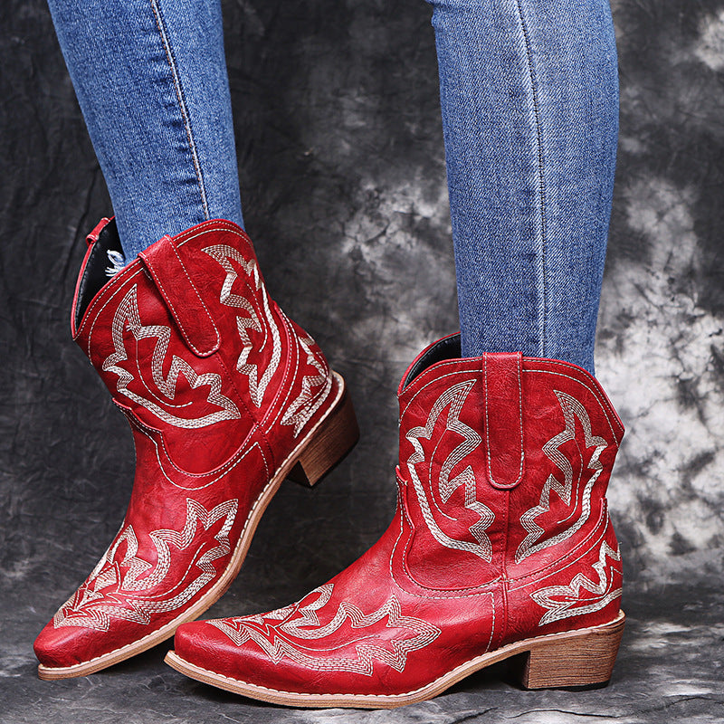 Pointed Embroidered Chunky Heel Leather Boots for Women