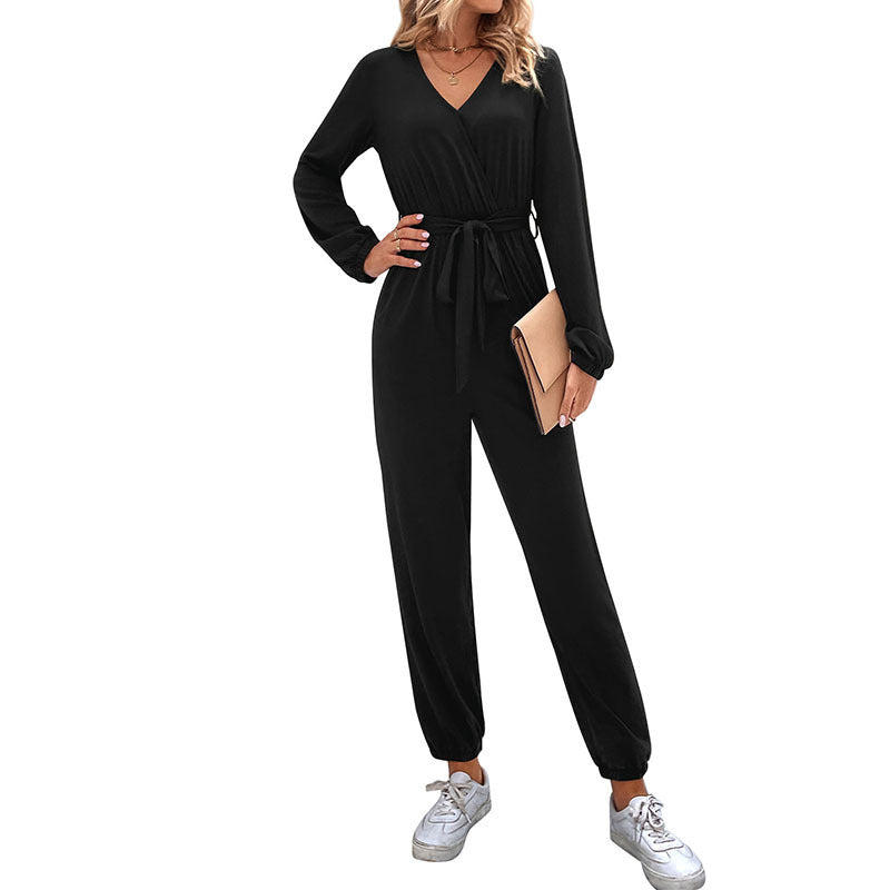 Women's V-neck Long Sleeve Lace-up Ankle-Tie Jumpsuit – Chic and Trendy