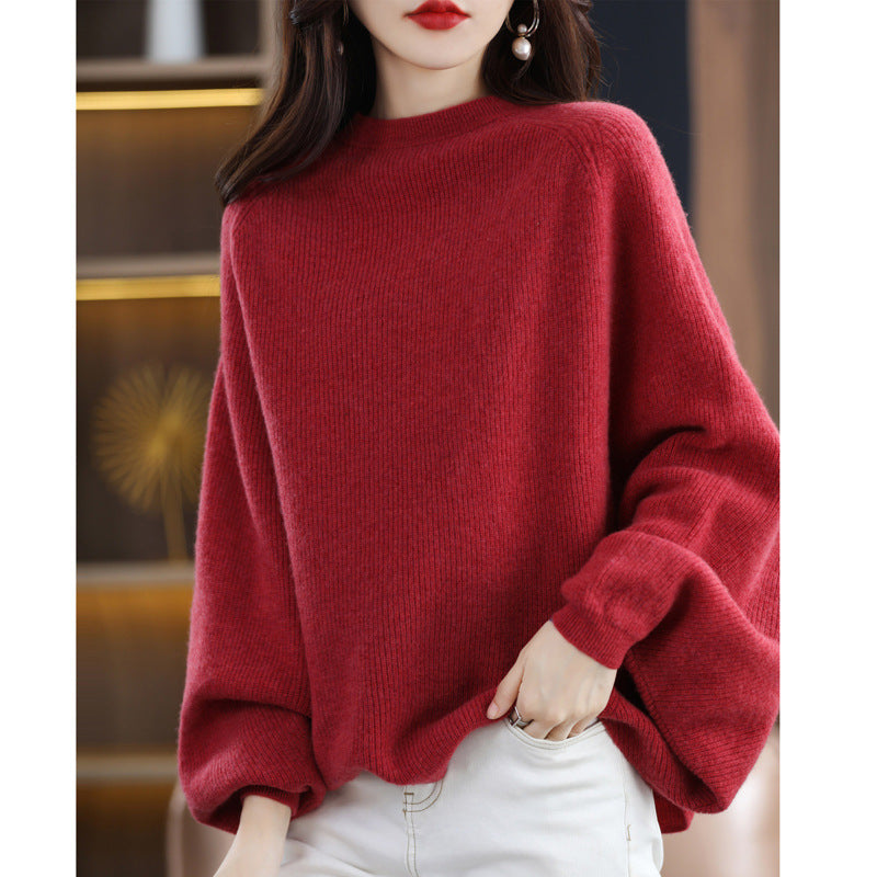 Women's Solid Color Wool Sweater – All-Match Round Neck Raglan Shawl Pullover