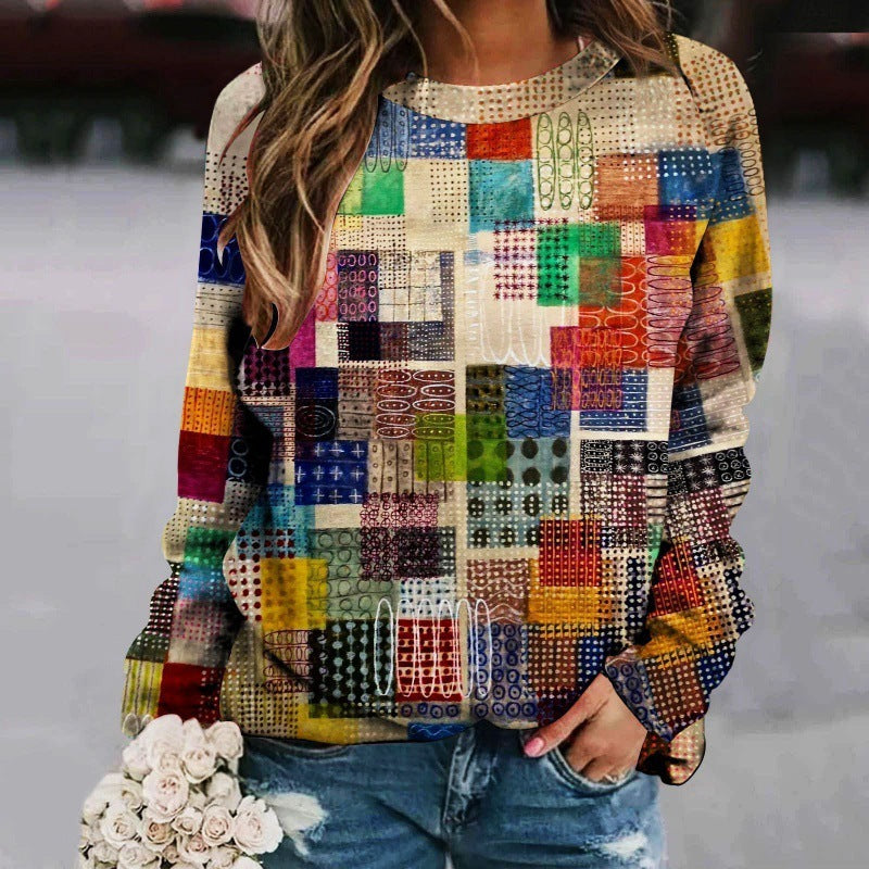 Creative Sweater with Printed Patchwork, Round Neck, and Raglan Long Sleeves