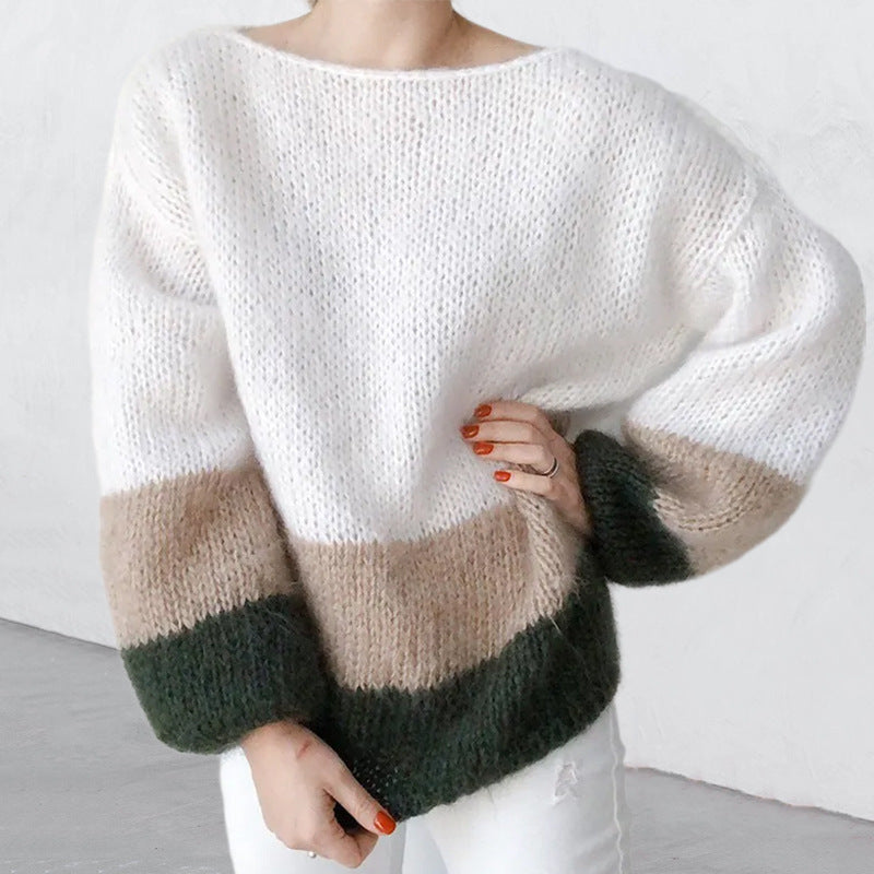 New Autumn and Winter Temperament Commuter Color-Blocking Knitted Furry Sweater