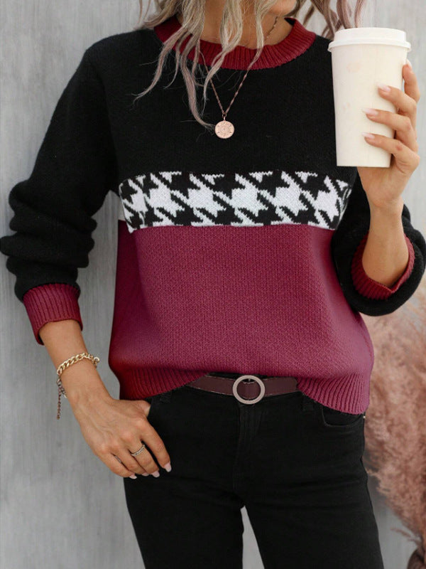 Fashionable Contrast Color Round Neck Knitted Sweater