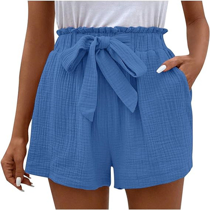 Women's Loose High-Waisted Elastic Waist Solid Color Casual Shorts with Wide Legs