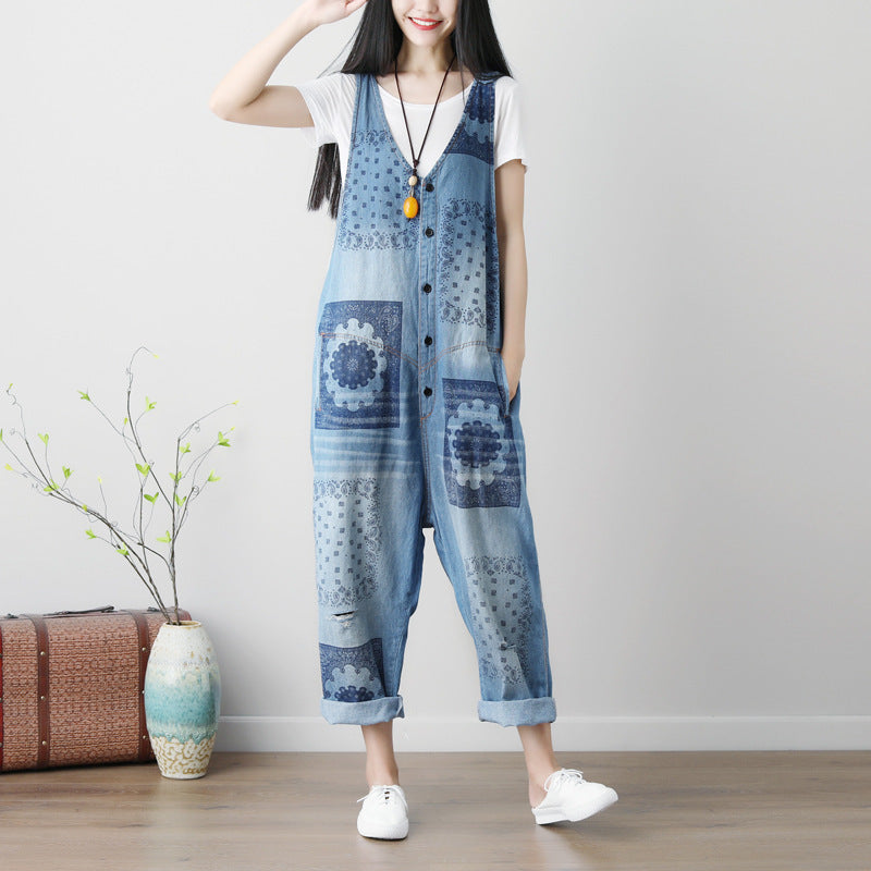 Sleeveless Plus Size Washed Printed Ripped Denim Overalls