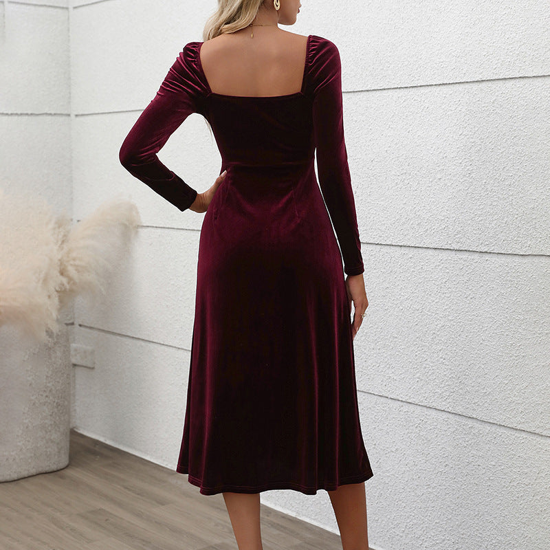 Split Mid-Length Velvet Dress with Square Collar