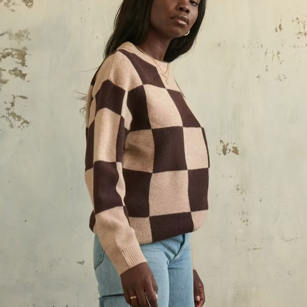 Women's Checkerboard Round Neck Loose Sweater Top