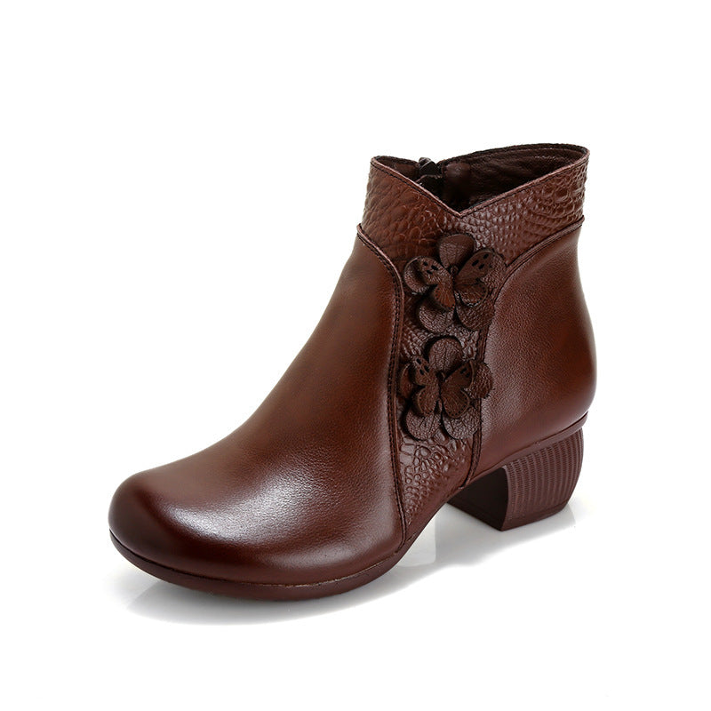 Soft Cattlehide Leather Martin Boots with Medium Chunky Heels and Floral Design