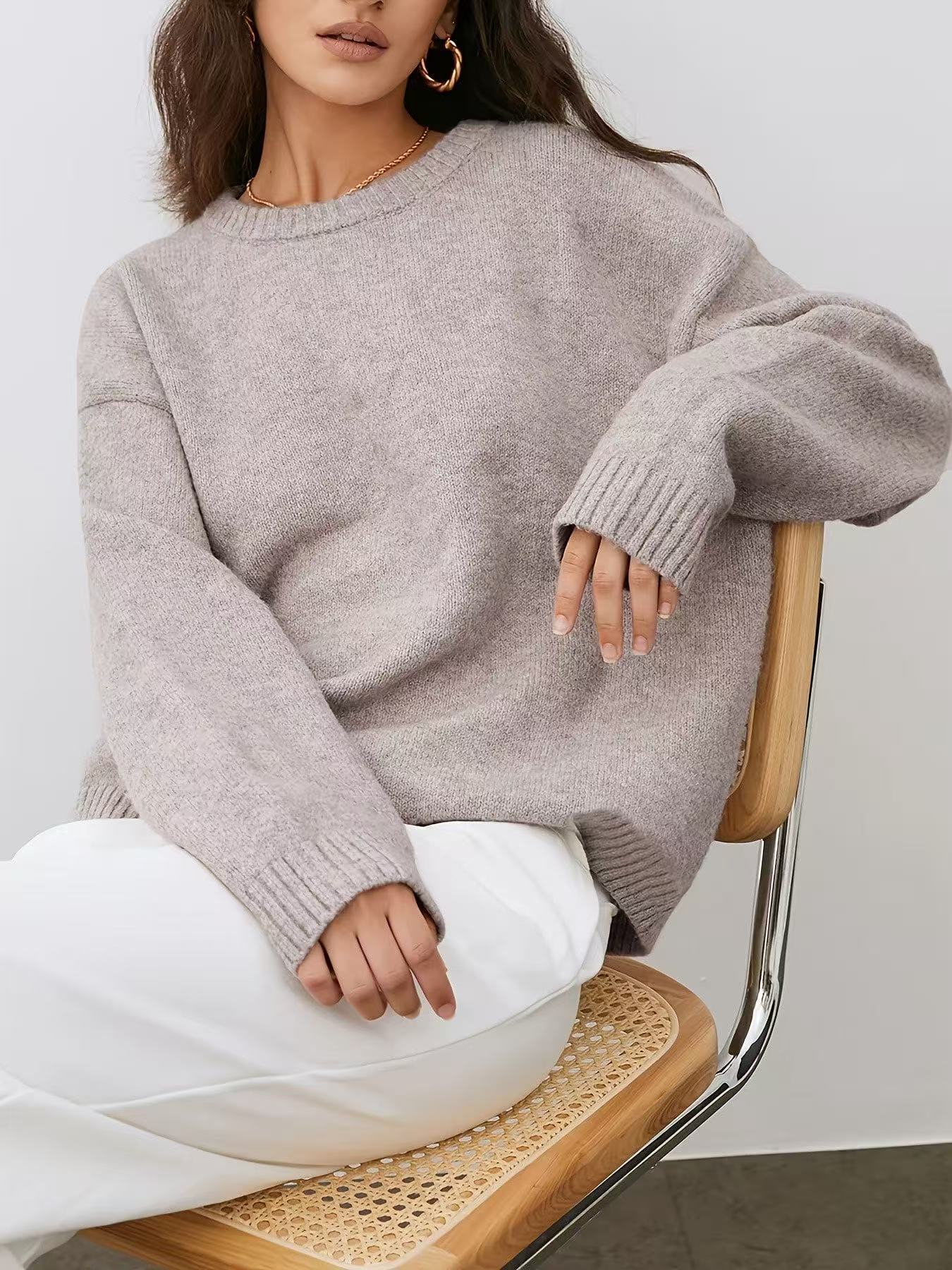 Solid Color Round Neck Sweater Women's Autumn And Winter Knitted Top
