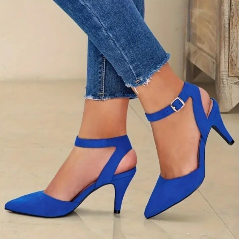 Fashionable Pointed-Toe High Heel Shoes with Square Buckle Detail