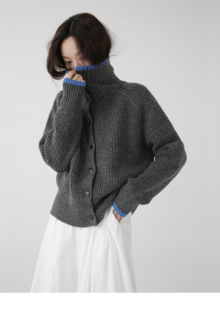 Color-Blocking Collar Single-Breasted Wool Knit Cardigan Jacket