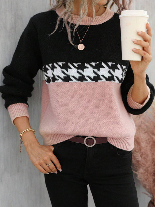 Fashionable Contrast Color Round Neck Knitted Sweater