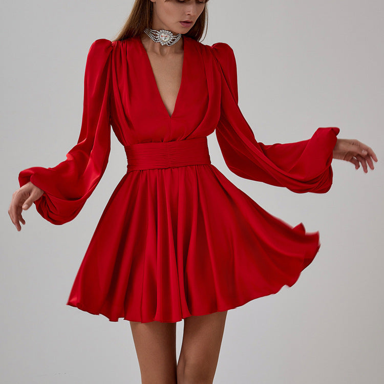 Puff Sleeve V-Neck Dress with Waist Seal and Pleated Detail