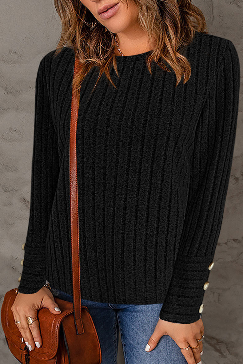 Pullover Round Neck Long Sleeve Top with Fashionable Button Detail