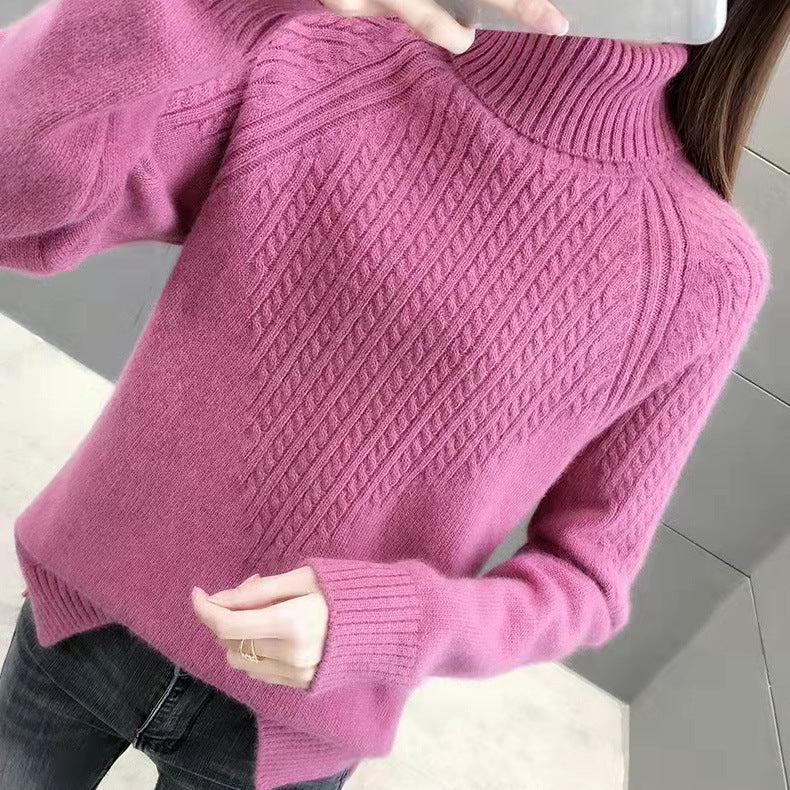 Women's Loose Fit Solid Color Twist Knit High Collar Sweater