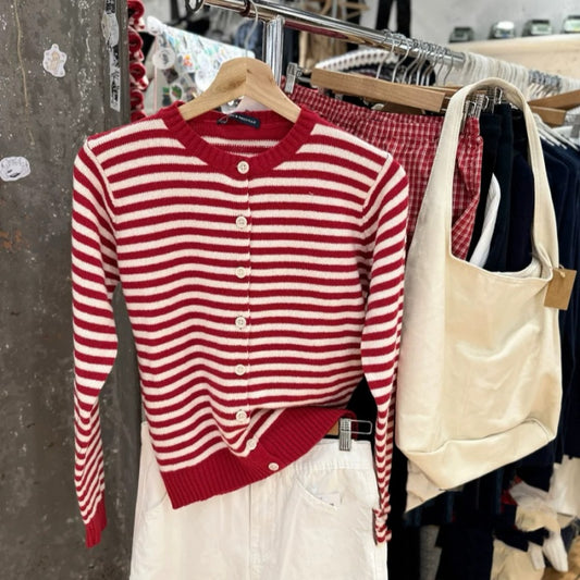 Korean-style Red Striped Knit Cardigan For Women In Autumn