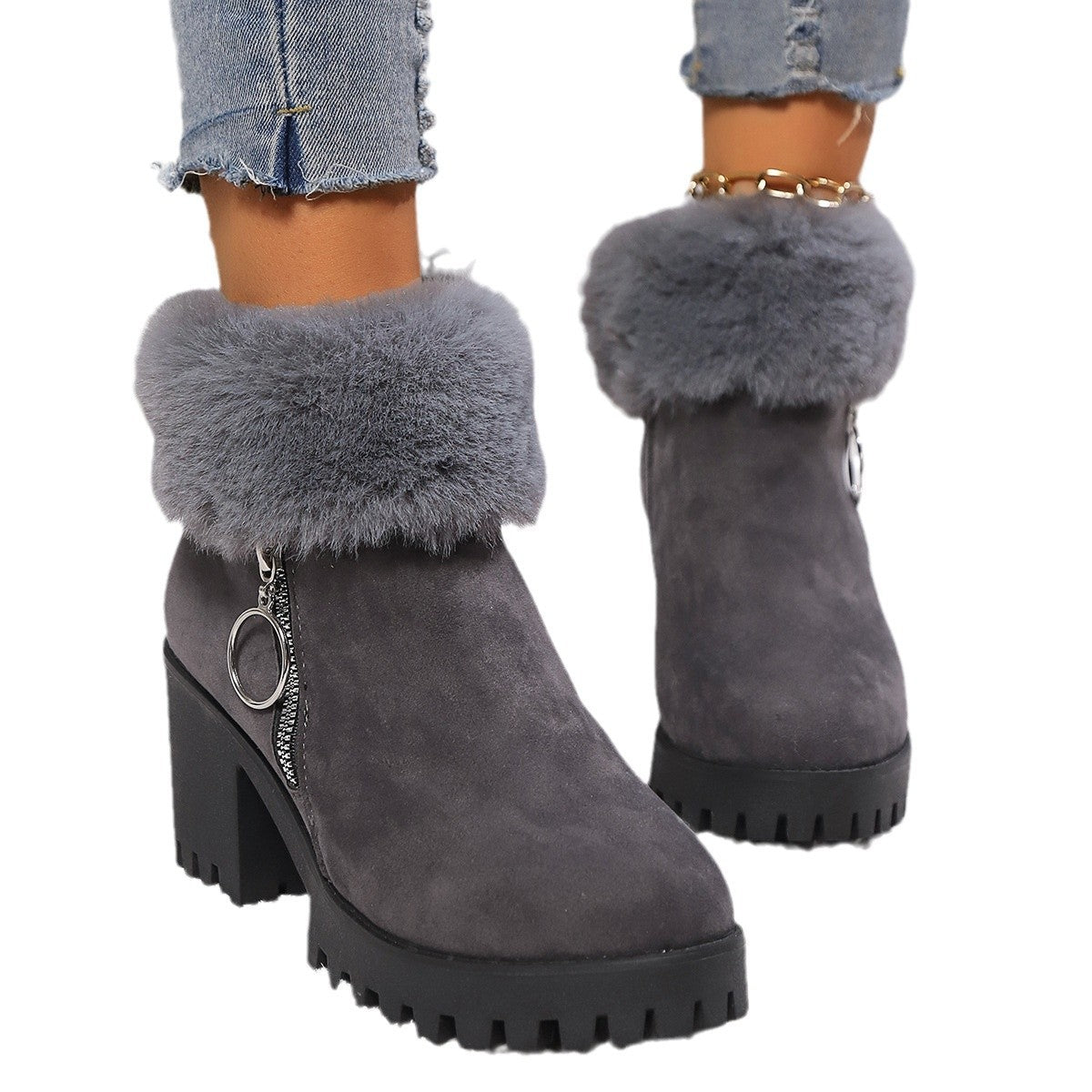 Women's Snow Velvet Thermal Thick-Heeled Short Boots – Winter Warm and Stylish Footwear