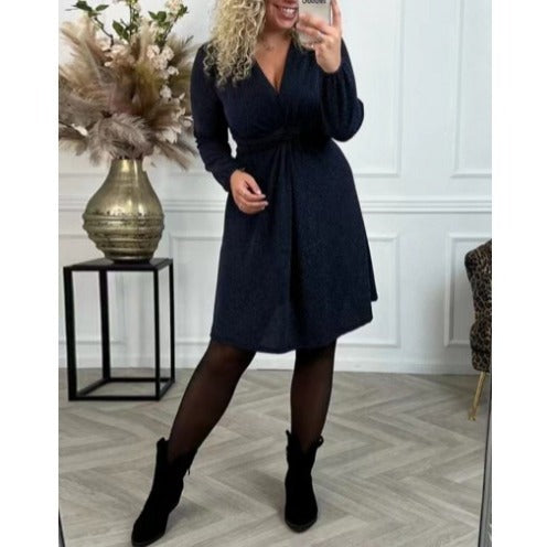 Women's V-Neck Long Sleeve Waist Dress – Elegant and Stylish