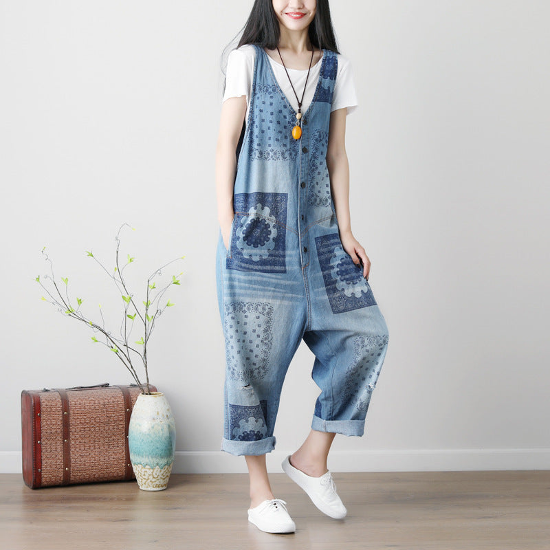 Sleeveless Plus Size Washed Printed Ripped Denim Overalls