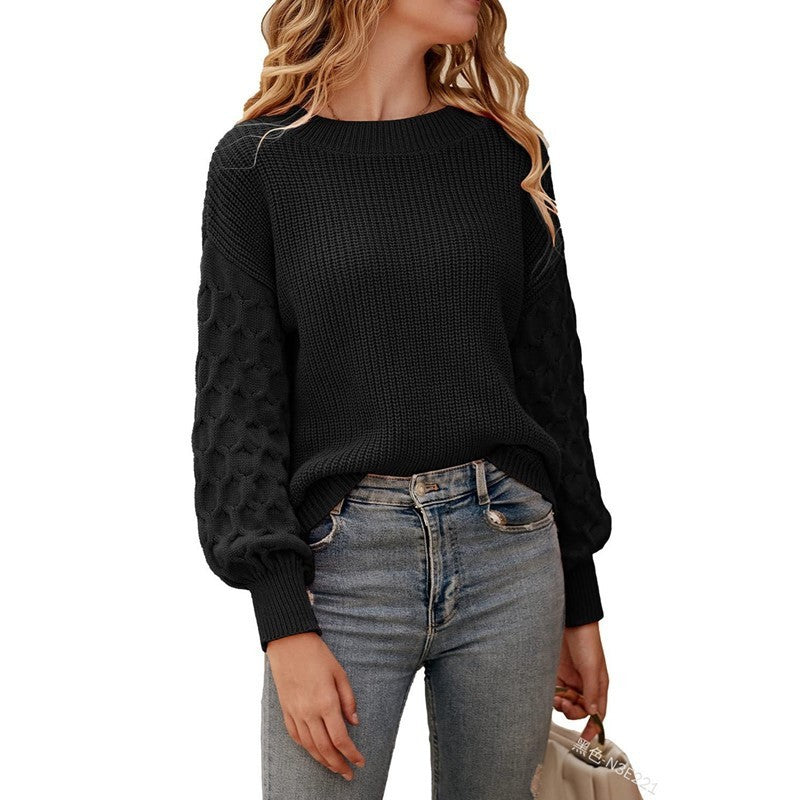 Women's Fashion Solid Color Knit Top with Lantern Sleeves