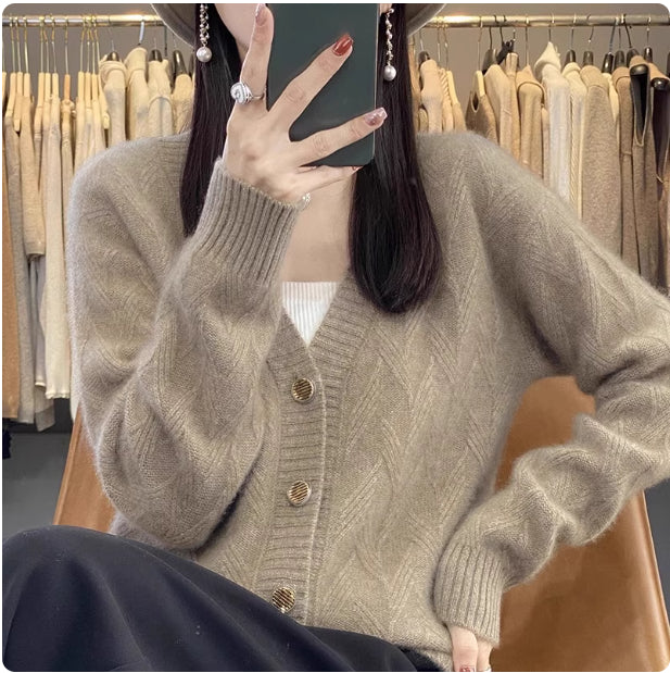 V-neck Long-sleeved Knitted Cardigan Simple And Loose-fitting Sweater Coat