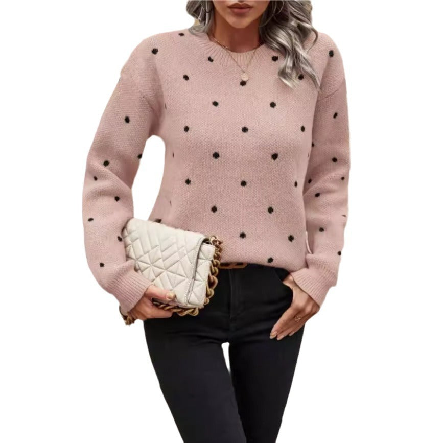 Fashion Round Neck Polka Dot Jacquard Long Sleeve Sweater – Trendy and Comfortable Pullover