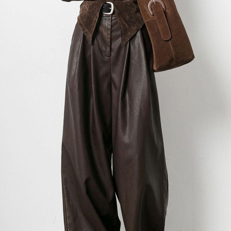 Vintage Brown Pleated PU Leather Pants for Women