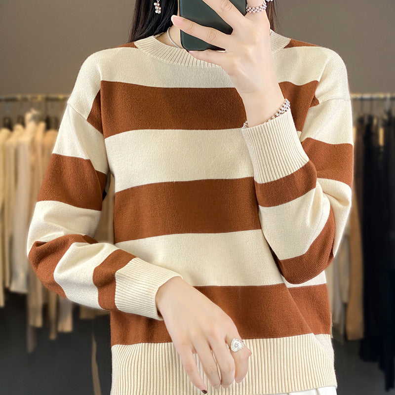 Women's Round Neck Sweater – Loose-Fitting with Striped Long Sleeves