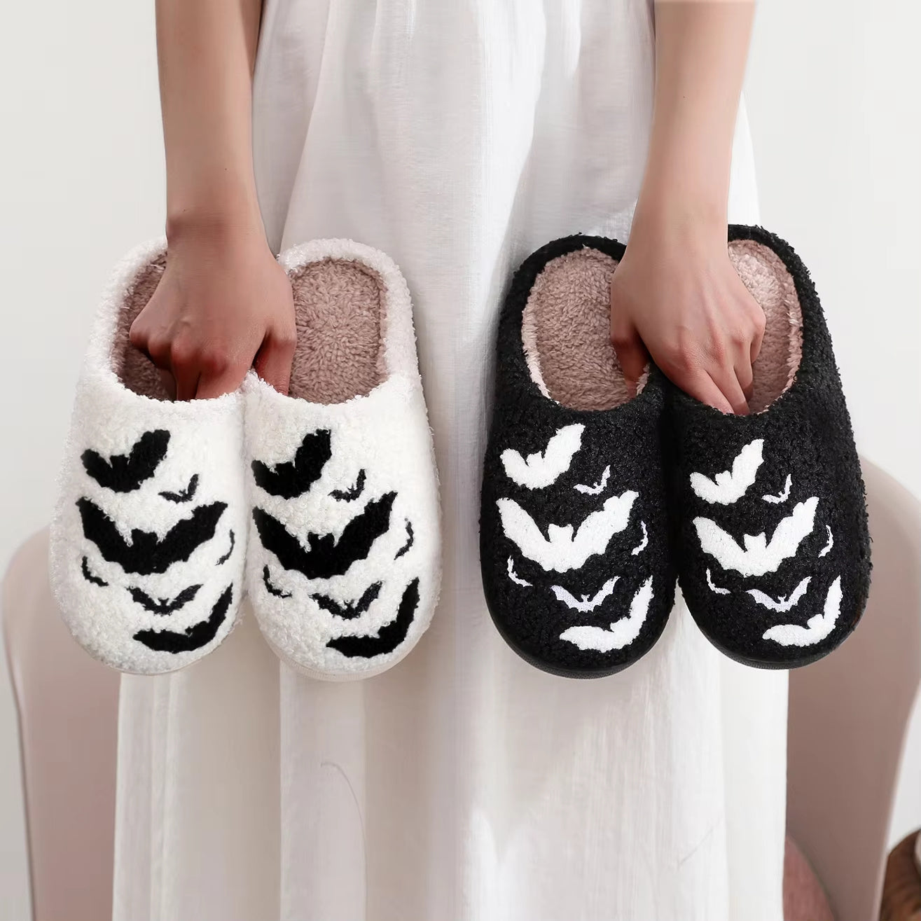 Bat Embroidered Stuffed Cotton Slippers – Thick-Soled, Cozy Furry Checkered Scuff Slippers