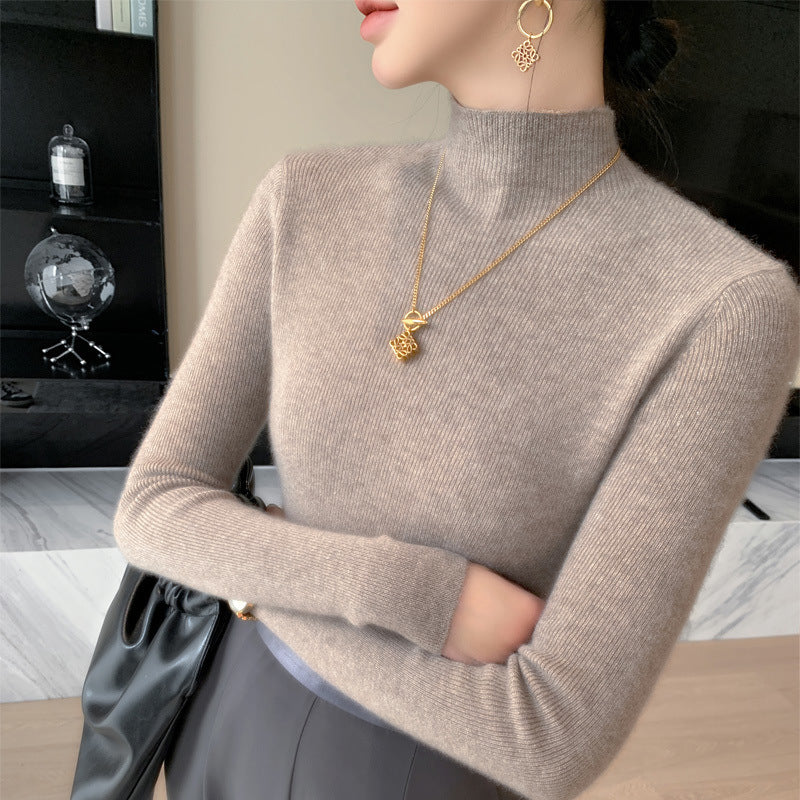 Warm Long Sleeve Knitted Half-Turtleneck Base Shirt for Women