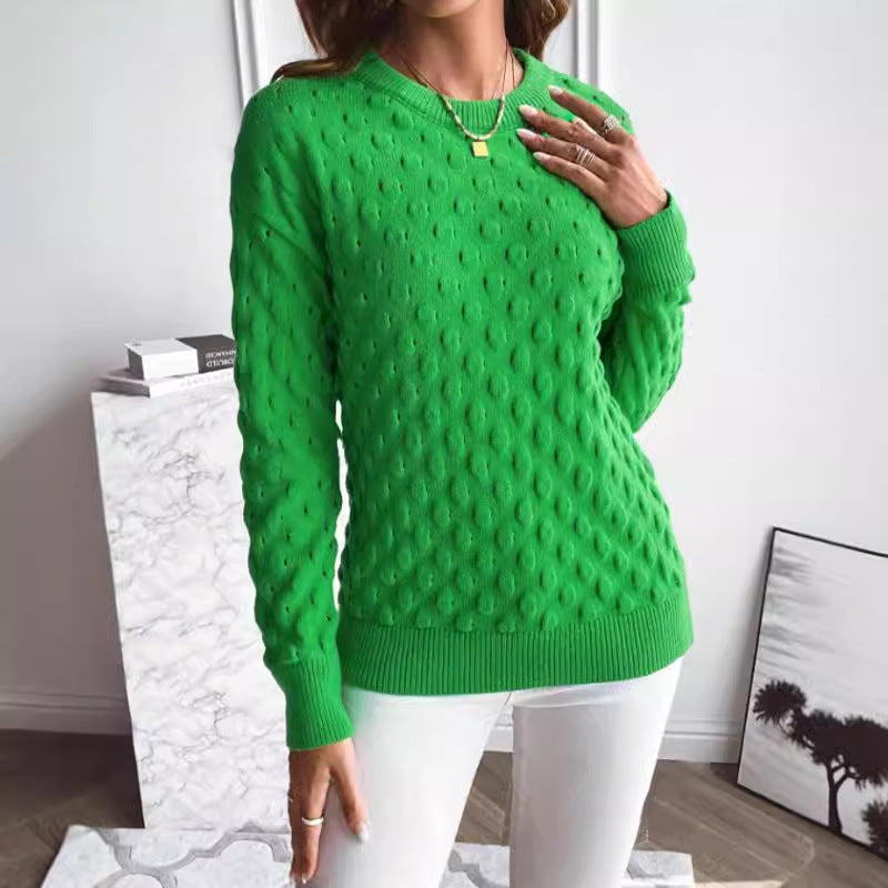 Solid Color Pullover Knitwear Top with Round Neck and Long Sleeves