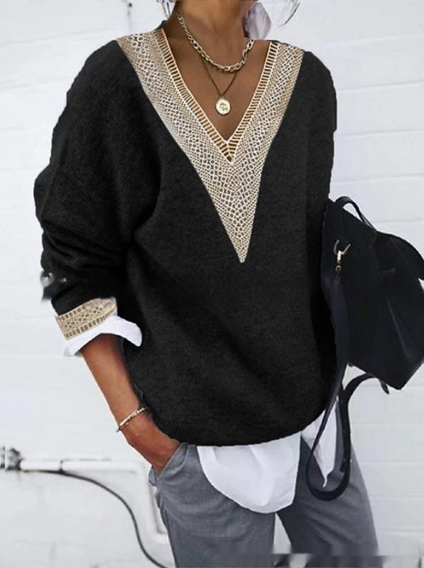 Long Sleeve Solid Color Knitted Sweater with Lace Collar