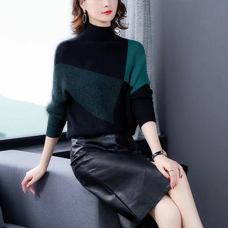 Women's Loose-Fit High Collar Color-Blocked Sweater