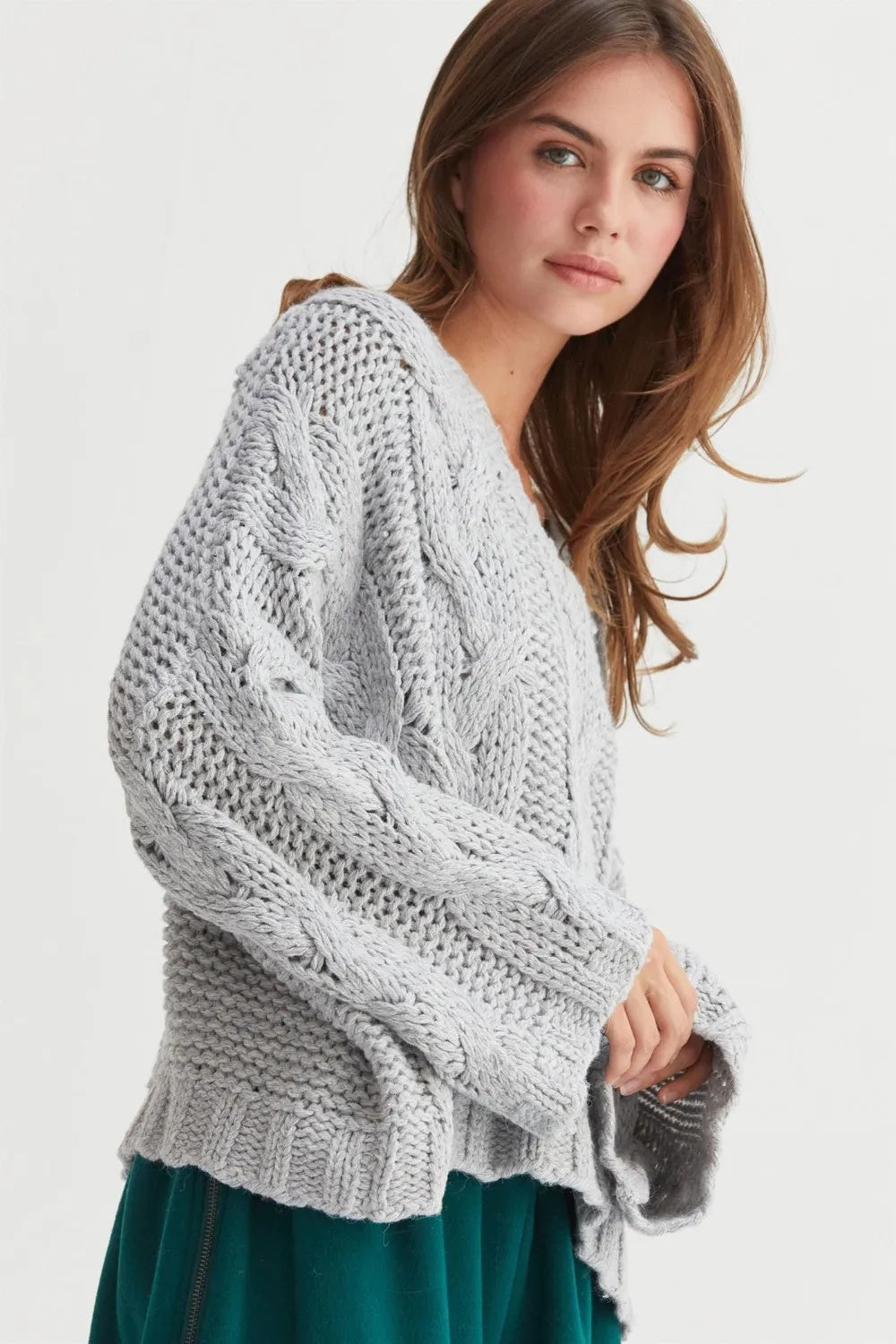 V-Neck Cable Knit Sweater