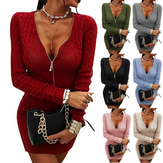 Women's Mid-Length Slim Fit Knit Dress Sweater - Solid Color V-Neck Pullover with Zip-Up Detail