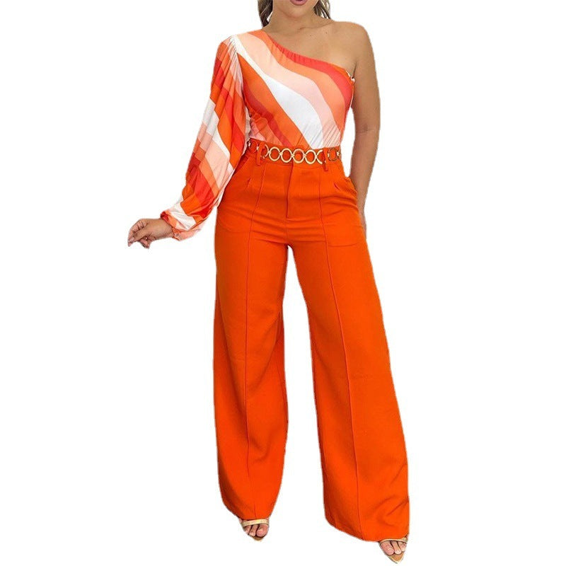 Fashionable Two-Piece Set: Off-Shoulder Long-Sleeve Top and Solid Color Loose Pants