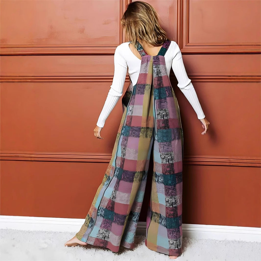 Women's Multi-Color Plush Plaid Wide-Leg Overalls – Cozy and Stylish