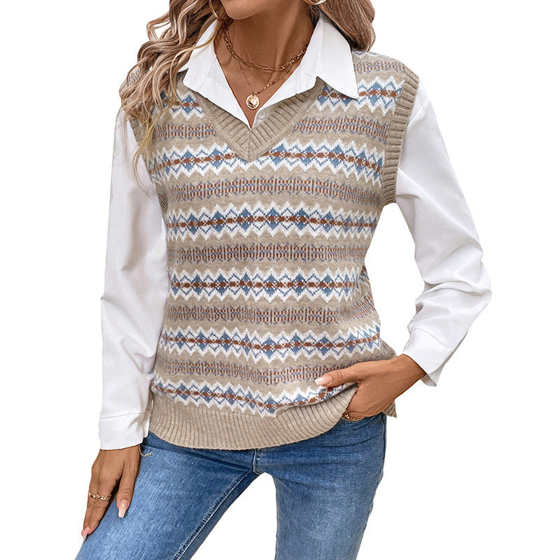 Ethnic Style Sleeveless Jacquard Knitted Vest Jacket