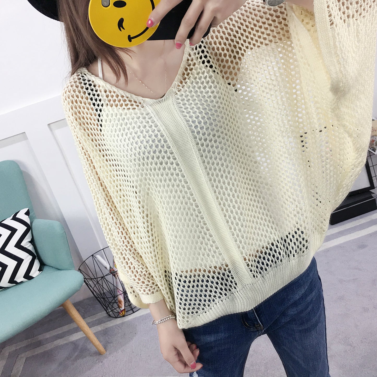 Spring and Summer Loose V-Neck Hollow Knit Sweater