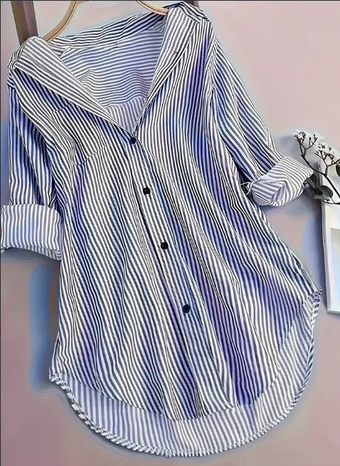 Stripe Print Button-Front Blouse – Casual Long Sleeve Top for Spring and Fall