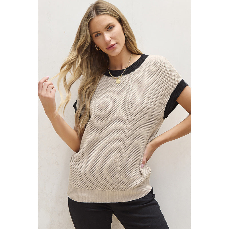 Women's European and American Leisure Style Contrast Color Trim Round Neck Pullover