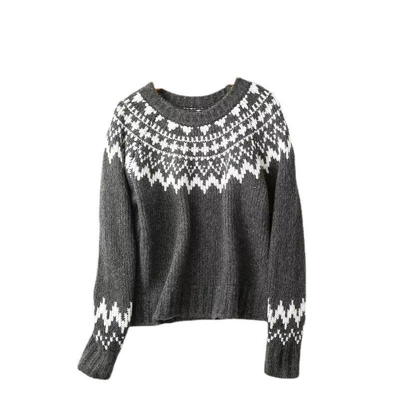 Women's Thick Needle Printed Round Neck Sweater – Long Sleeve Fashion Top