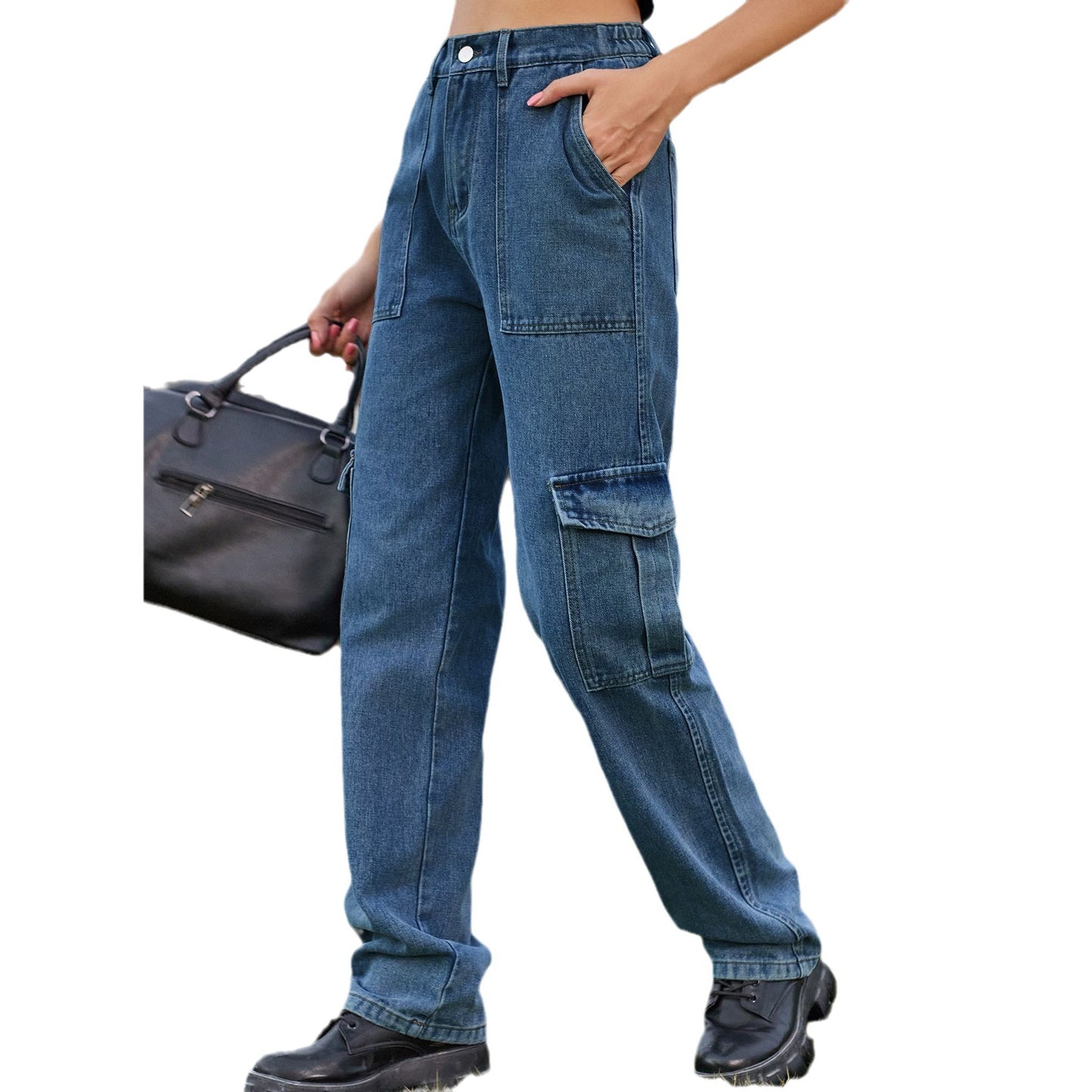 Retro Washed Jeans with Half Elastic Waist for Women